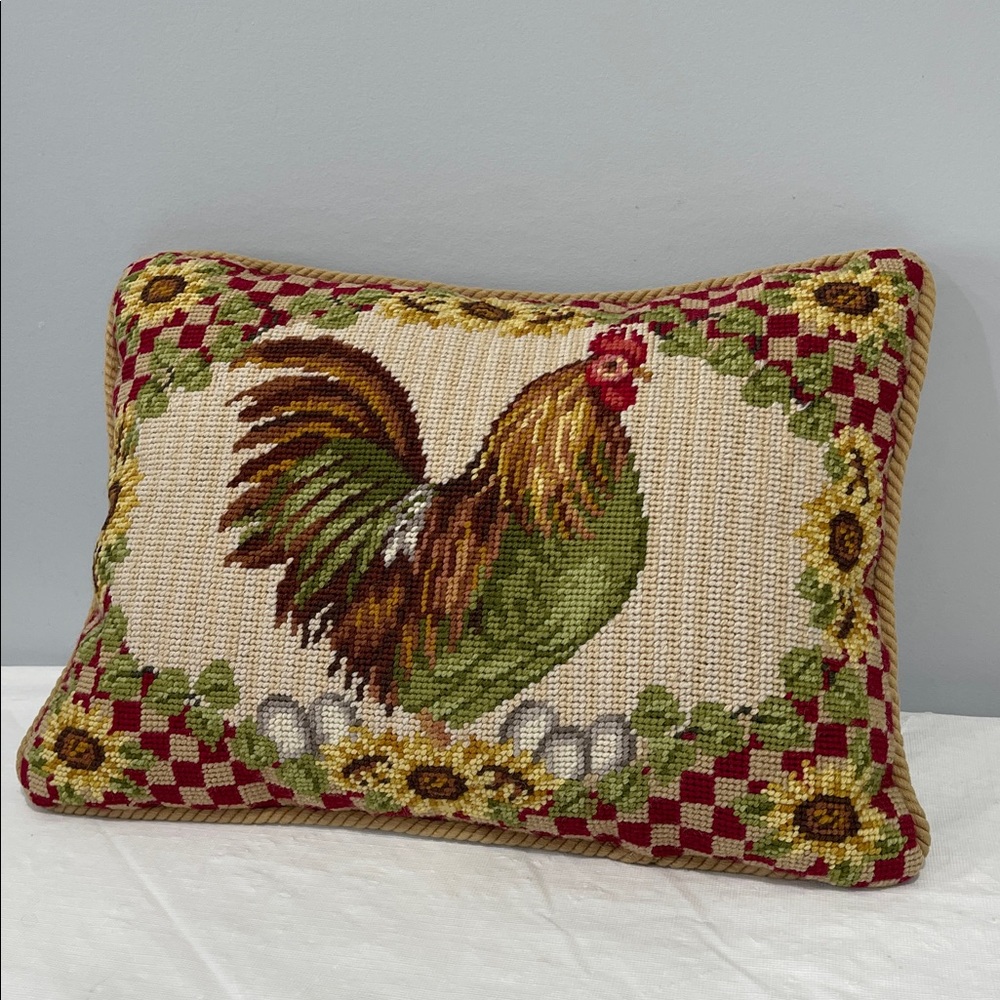 Sunflower Rooster Needlepoint decor Pillow vintage cottage farmhouse country - Picture 2 of 16